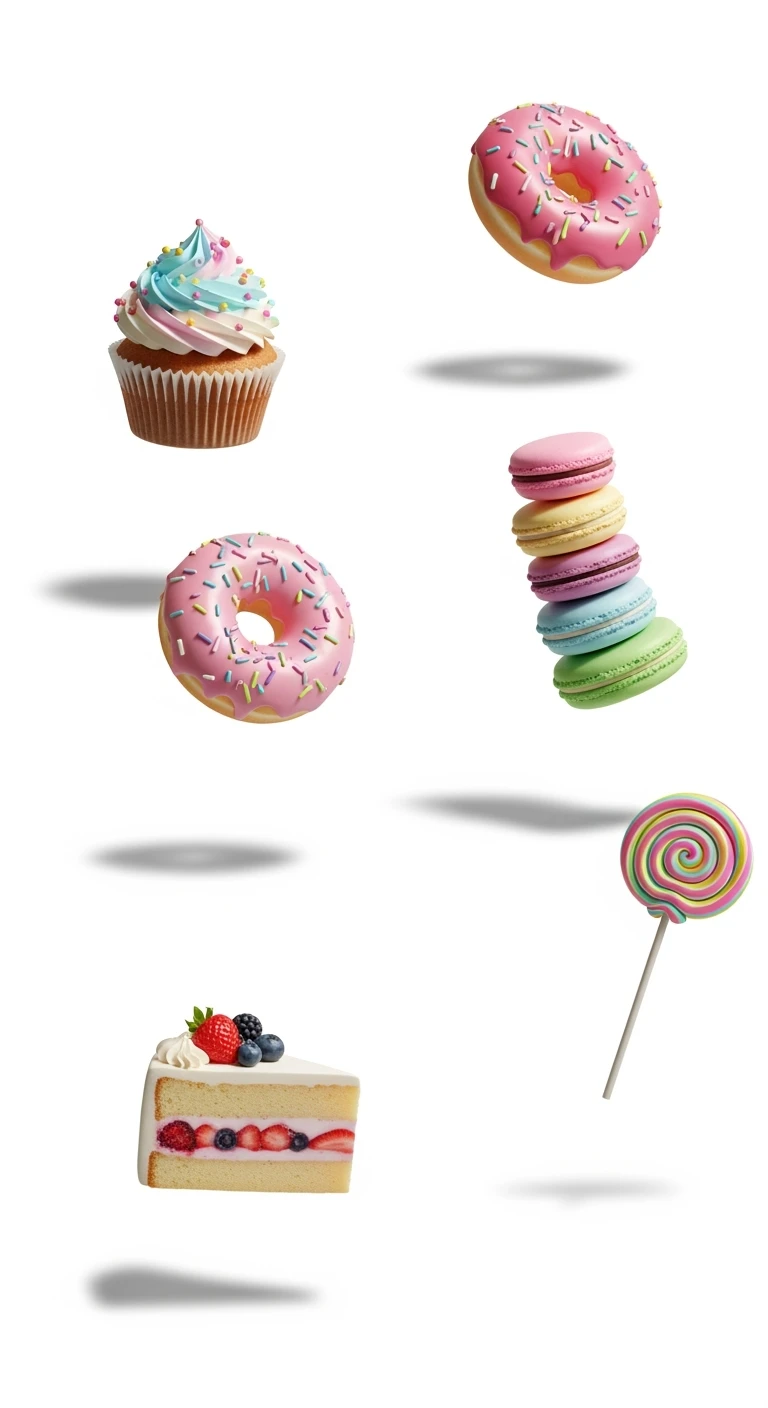 dolci che fluttuano, sfondo bianco emoji