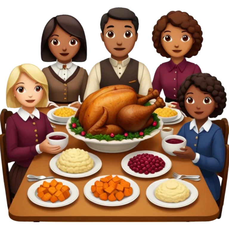 Thanksgiving Dinner with 6 friends of all different races around the table; have the food be a cooked turkey, mashed potatoes, corn, a basket of biscuits, a small bowl of cranberry sauce, baked yams, steamed vegetables, and a bottle of wine. emoji