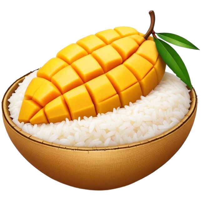 Cinematic Realistic Mango Sticky Rice Dessert Emoji, showcasing sweet sticky rice paired with ripe mango slices and coconut milk rendered with lifelike detail and warm, inviting lighting. emoji