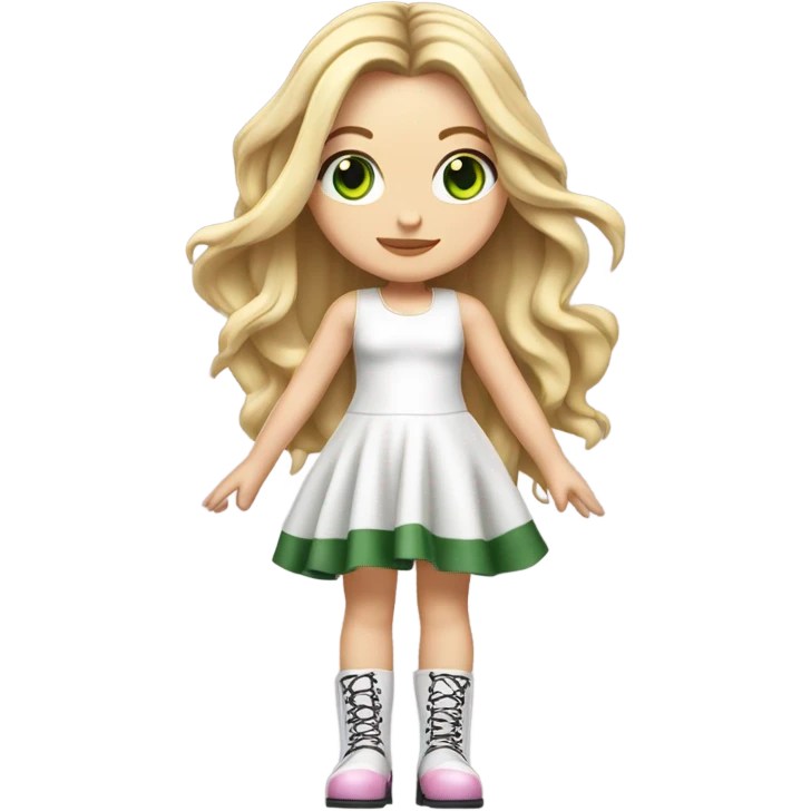 Realistic White girl with Long straight blonde hair, green eyes, tattoos, full body wearing white dress and pink knee-high leather boots, doing cute pose emoji