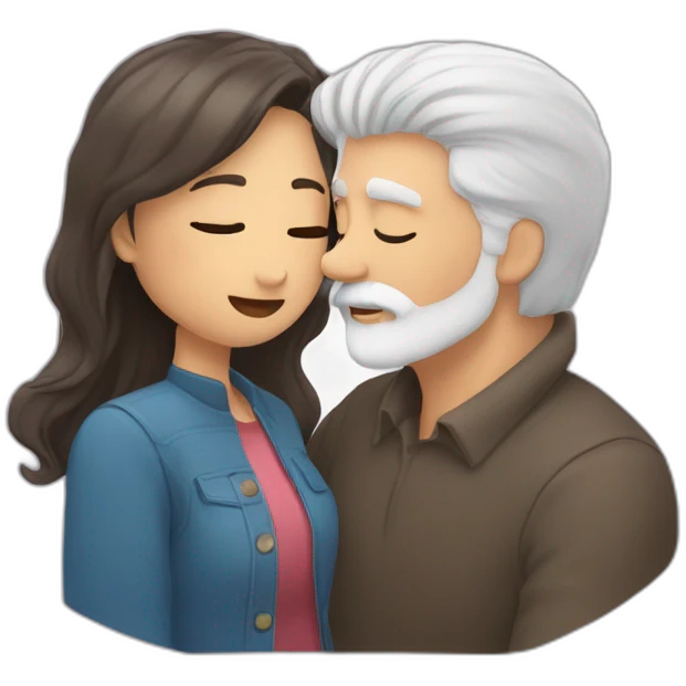 image of woman with dark brown hair kisses and hugs man with gray hair and white beard with floating hearts emoji