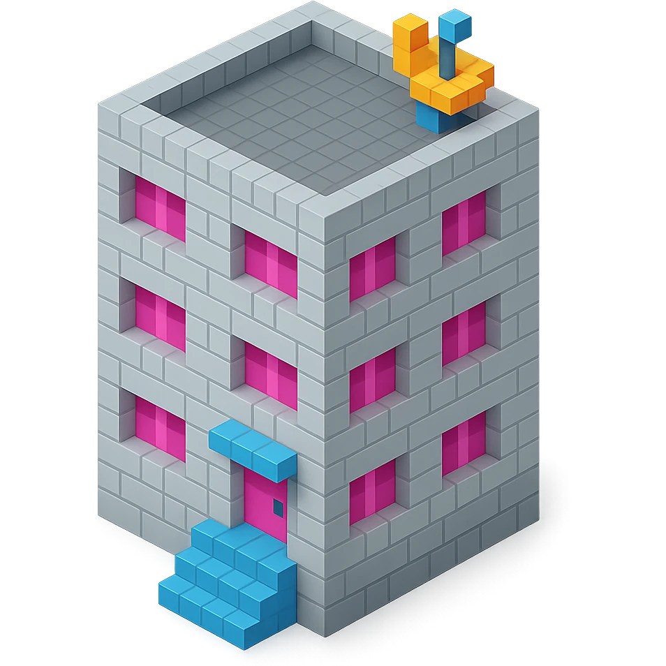 Russian panel apartment building, compact square block, light gray, pink windows, entrance with steps, satellite dish on rooftop, isometric view emoji