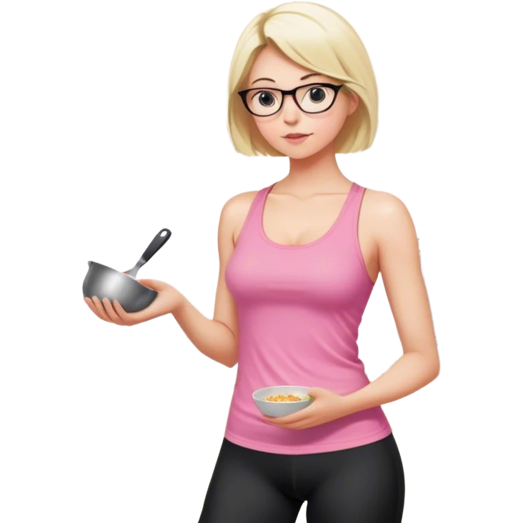 View from knees up, view from the back, fair skinned woman, thick milf, short blond hair, small reading glasses, cooking dinner in kitchen, pink loose tank top, showing natural B cup breast shape SFW, black yoga pants, large curvy booty emoji