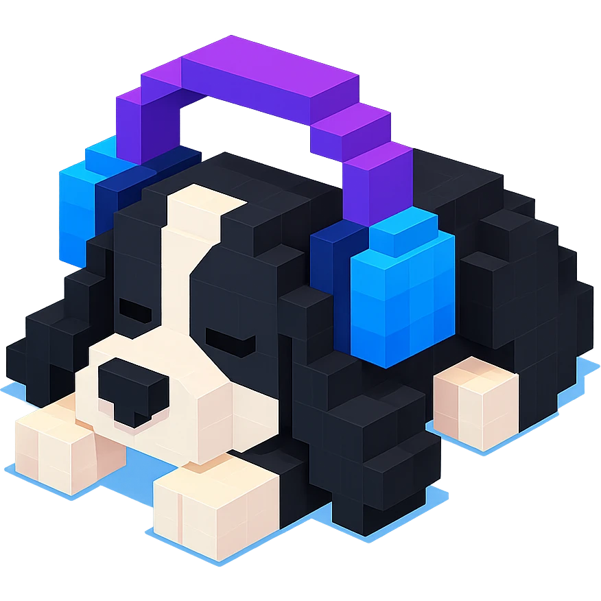 black and white Russian Cocker Spaniel puppy wearing headphones, sleeping pose emoji