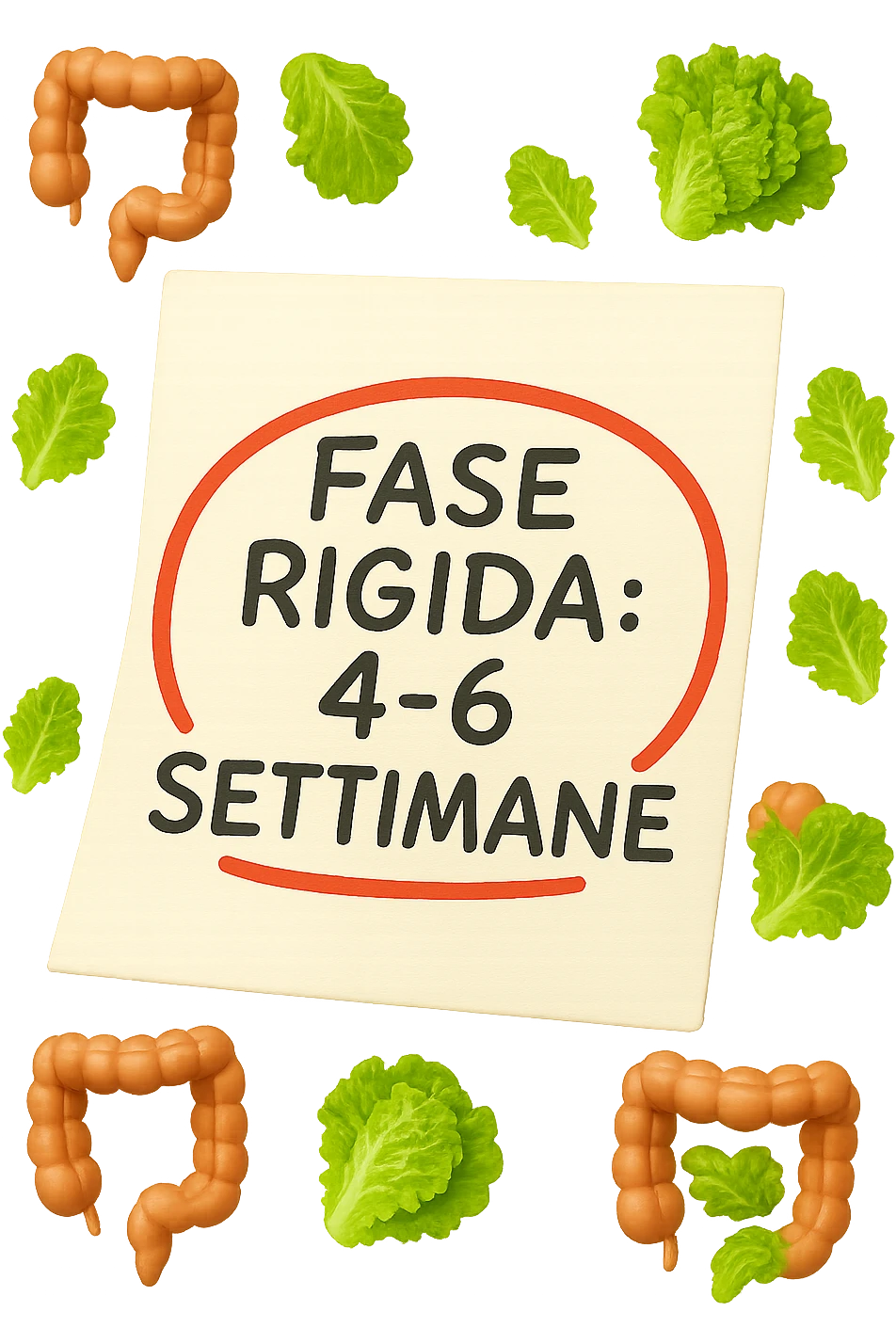 EMOJI STILE IPHONE DI UN foglio di carta fluttua in aria con la scritta "FASE RIGIDA: 4-6 SETTIMANE" CERCHIATA A PENNA IN ROSSO, ATTORNO AL FOGLIO FLUTTUANO PICCOLI TRATTI DI COLON UMANO IN STILE EMOJI E FOGLIE DI INSALATA, REALISTICA 4K emoji