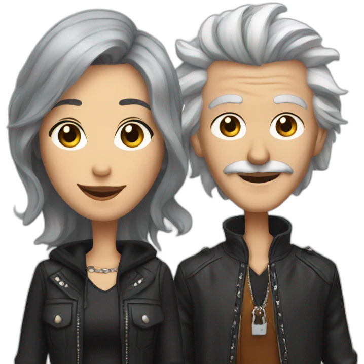 grey-haired fashionable woman, next to male punk with long brown hair and a mustache and a lip ring, smiling emoji
