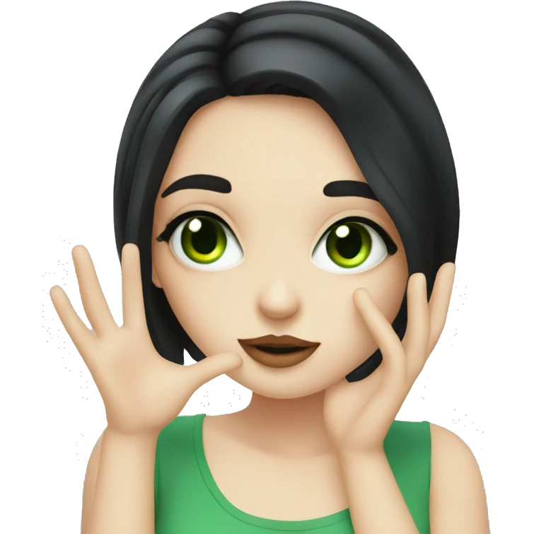 Green eyes girl with pale skin, black hair, blowing a kiss emoji