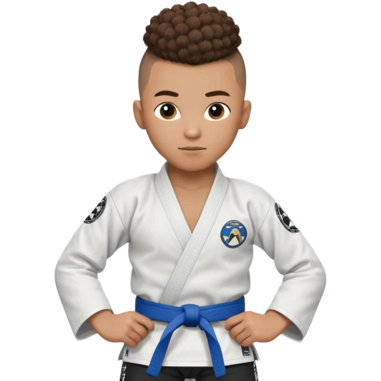Mixed race boy BJJ instructor with pony tail afro hair and shaved bald sides haircut, Make the hair brown and the belt blue. Add the roger Gracie academy logo on the go also and the p logo of progress jiu jitsu on the right arm sleeve  at the top emoji