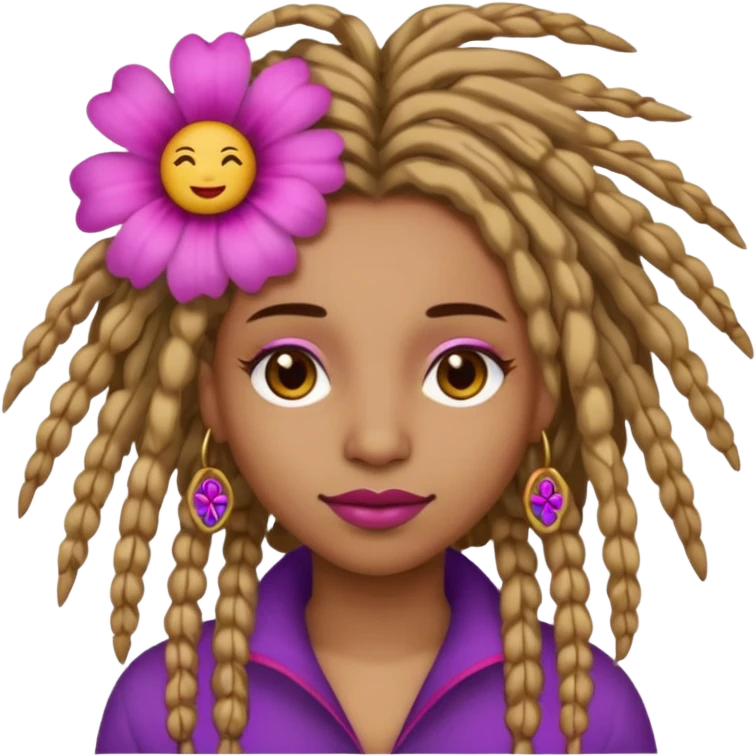 Gold dread locs pink emoji face purple flower in the hair red lipstick light brown face  just the face  emoji
