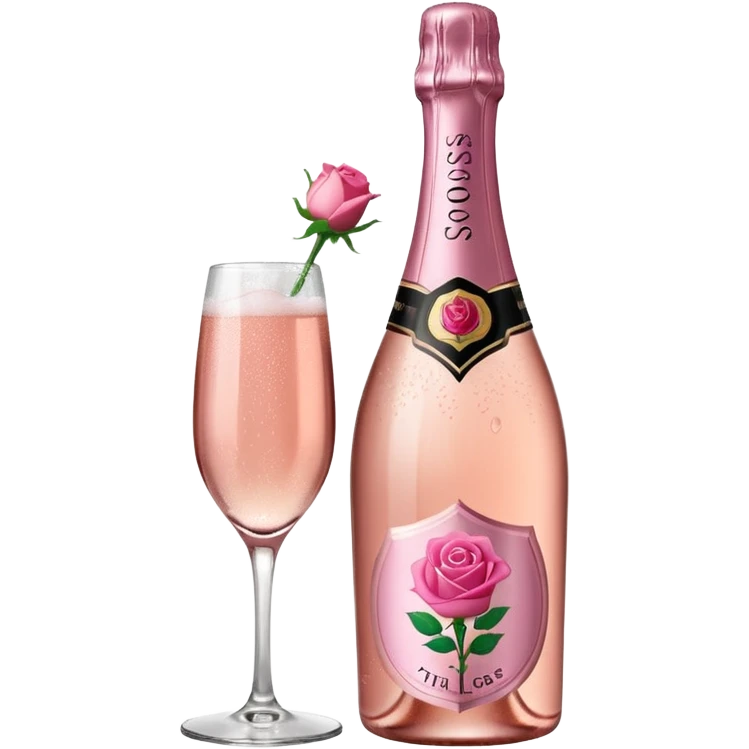 bottle of sparkling rose champagne tilted up and to the right, with a rose logo emoji