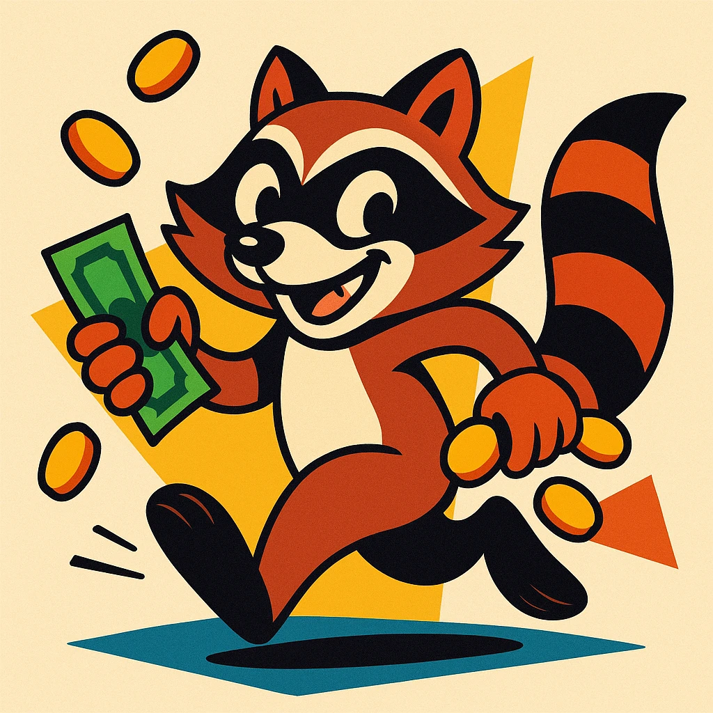 a mischievous animal running away holding coins and bills emoji