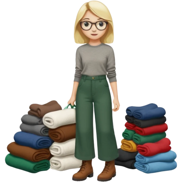 Fille blonde, pantalon ample vert foncé. Lunettes ronde fine. Bottines marrons. Elle pousse une cargaison de chaussettes  emoji