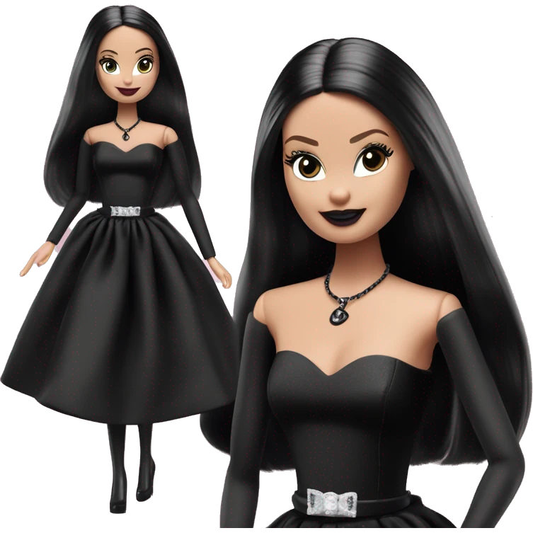  Bunny Wednesday Addams Barbie dancing.  Feminine face. Longer hair, short black flowing strapless tight evening gown with  plunging neckline that’s off-the-shoulders that also shows her legs and black shiny velvet high heel shoes. emoji