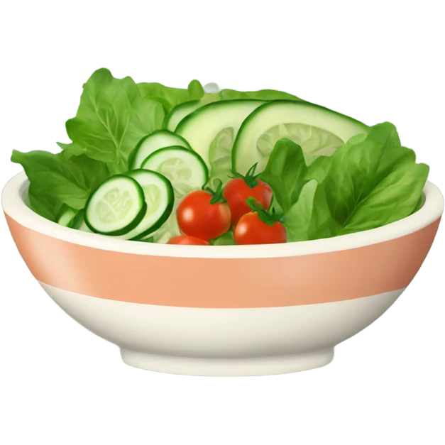 vintage bowl filled with green salad containing cherry tomatoes,cucumber and basil leaves and a salmon steak emoji