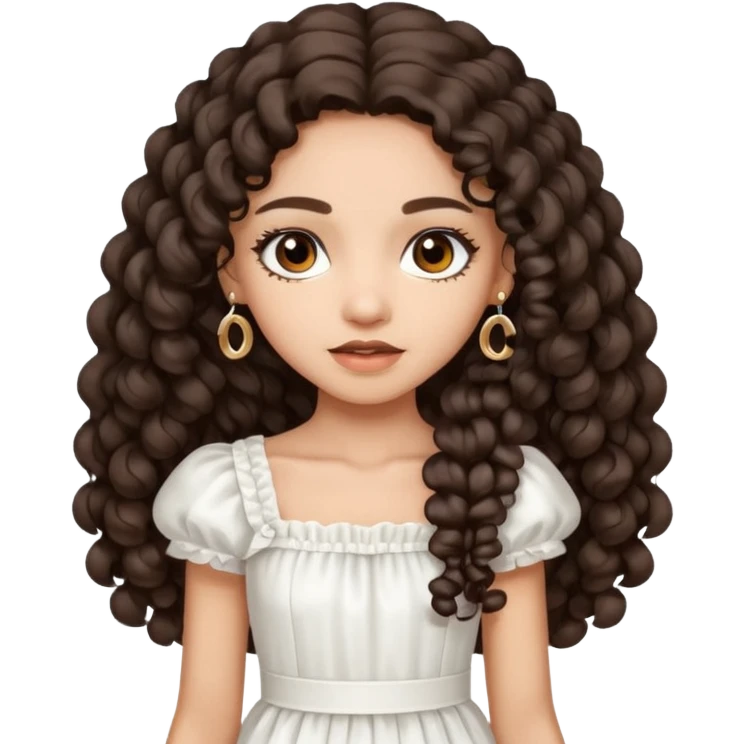 Light skin girl with dark brown very long curly hair, dark brown eyes, white Chanel dress  emoji
