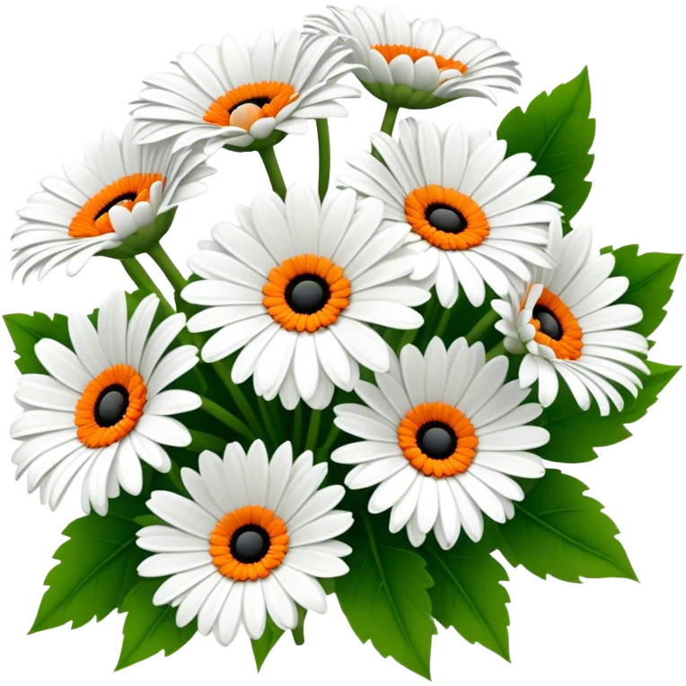 bouquet White Gerbera Daisy, luxuriant, leaf, bud, black pollen, orange style emoji