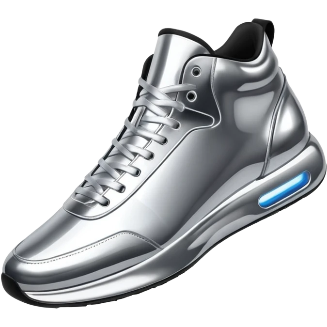 A pair of futuristic sneakers emoji made of silver chrome, sleek streetwear design, smooth metallic panels, subtle reflections, luxury swag aesthetic, iOS emoji style, centered, clean white background emoji