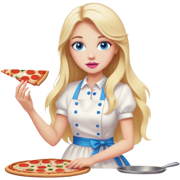 Cinematic realistic beautiful blonde with long hair, blue eyes and pink lips in a white dress cooks pizza emoji