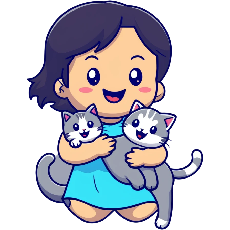 asian girl laughing, holding a grey cat, birthday party emoji