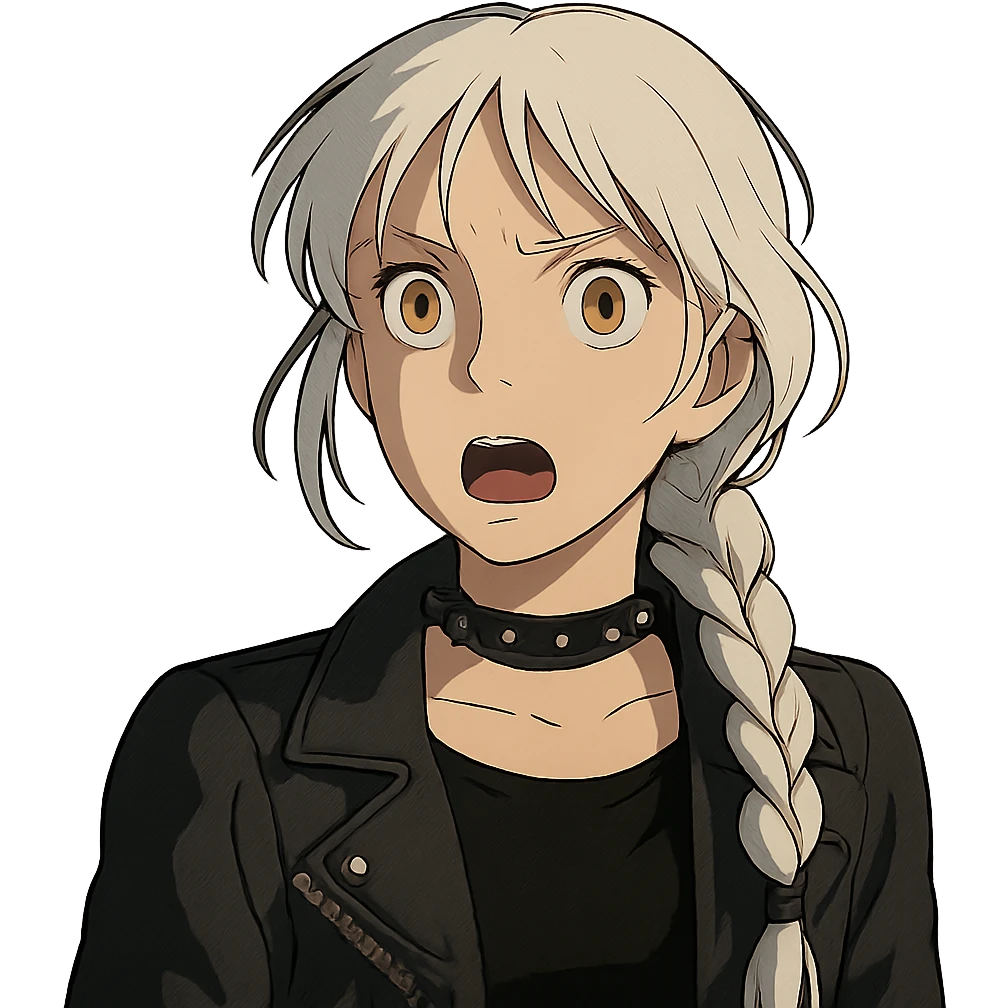 shocked young female with gold yellow eyes, white hair in a long braid, punk gothic style, more dramatic lighting emoji