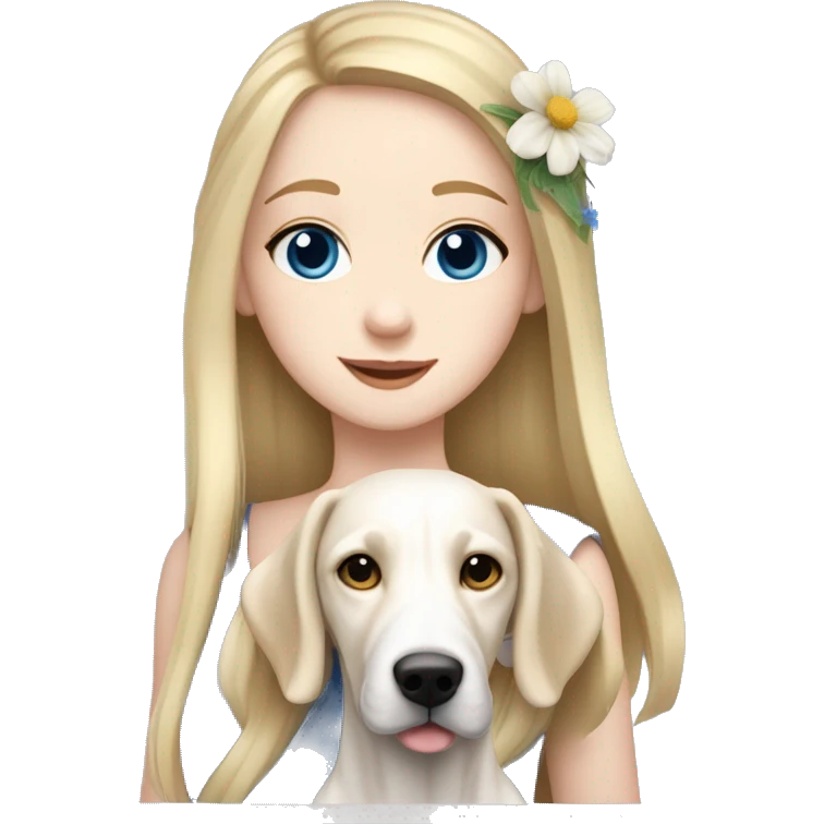 pale skin girl with blue eyes with long blonde hair that has a flower in her hair  holding a English pointer mixed with a lab dog breed the dog also has a flower in its hair emoji