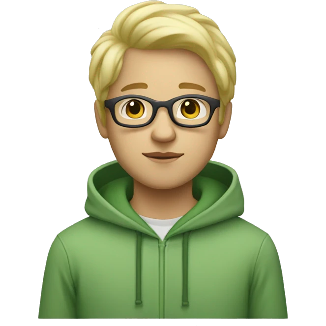 white/tan boy with white glasses and blonde hair and a green sweatshirt with hood up standing straight emoji
