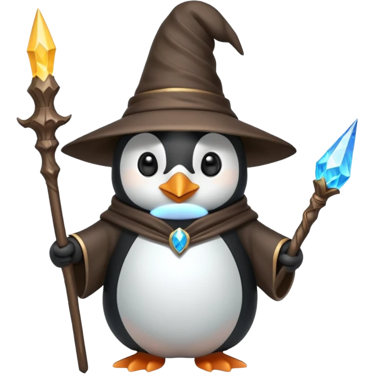 cute penguin dressed as a wizard with a pointy hat and a magic staff emoji