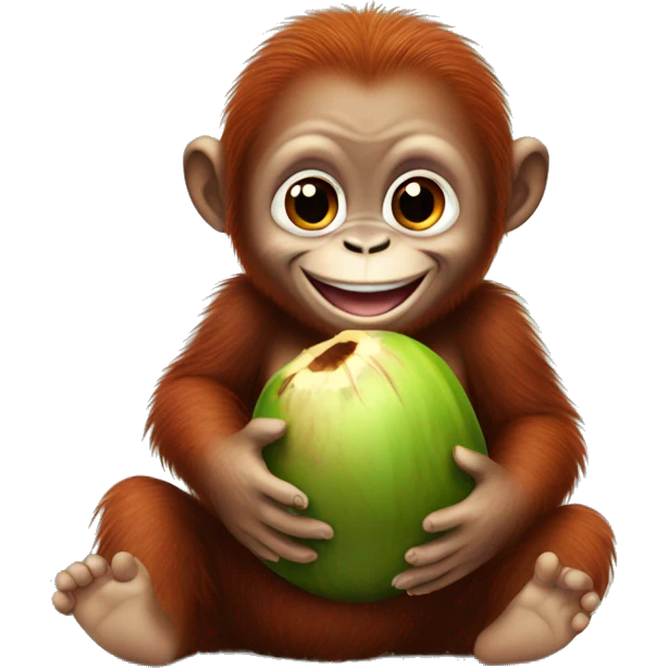 Smiling baby orangutan holding a coconut emoji