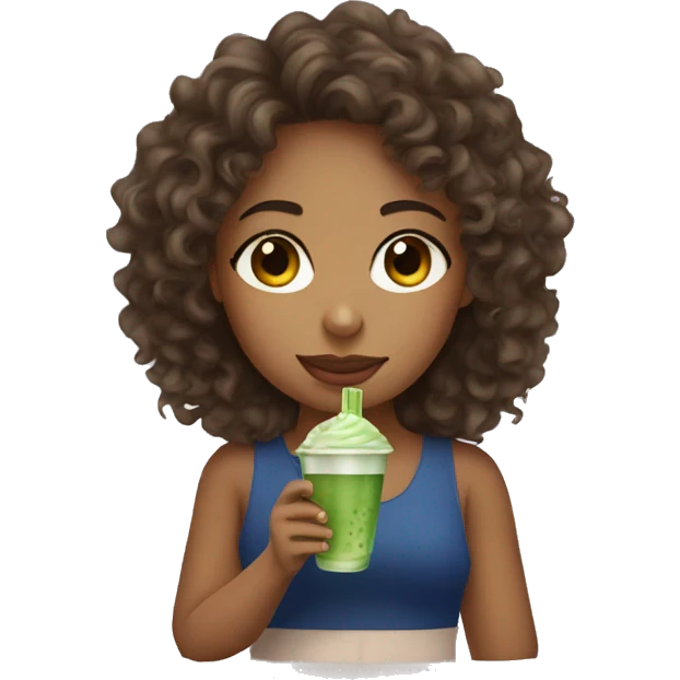 Curly hair girl drinking ice matcha emoji