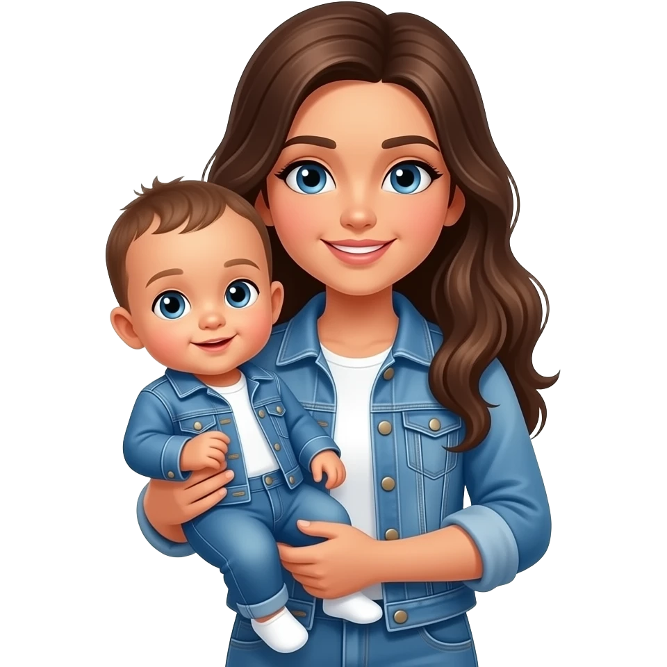 Brun algerian girl holding a white baby with blue eyes , the baby is wearing a jeans jacket and a jeans emoji