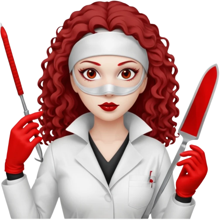 


Scary woman scalpel in hand, evil surgeon sexy surgeon clothes.  She has redcolored  eyes. Her  hair only is free ne brown long curly hair. Wears sexy doctor outfit with red gloves. make her wear full ski mask yo mask and nose mask  to hide. Wears white surgeon coat, wears  stilettos emoji