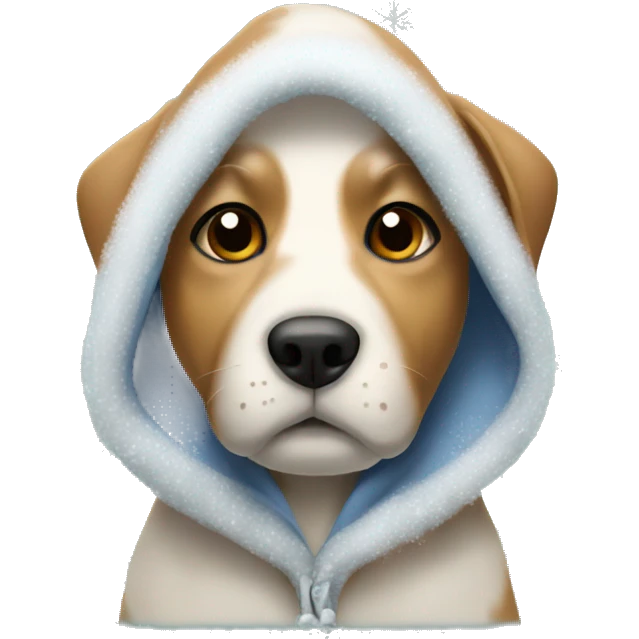 Dog wearing a Christmas hoodie with snowflakes emoji