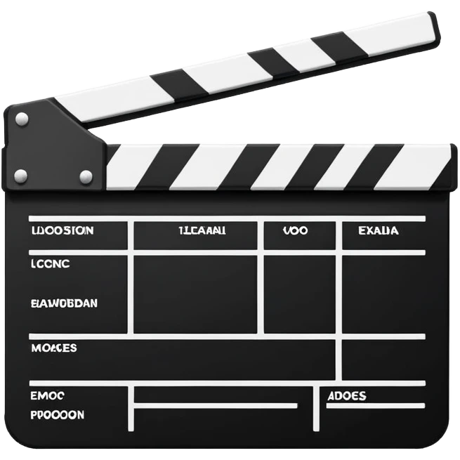Side view of minimalist clapperboard, black and white with simple geometric shapes, iOS emoji style emoji