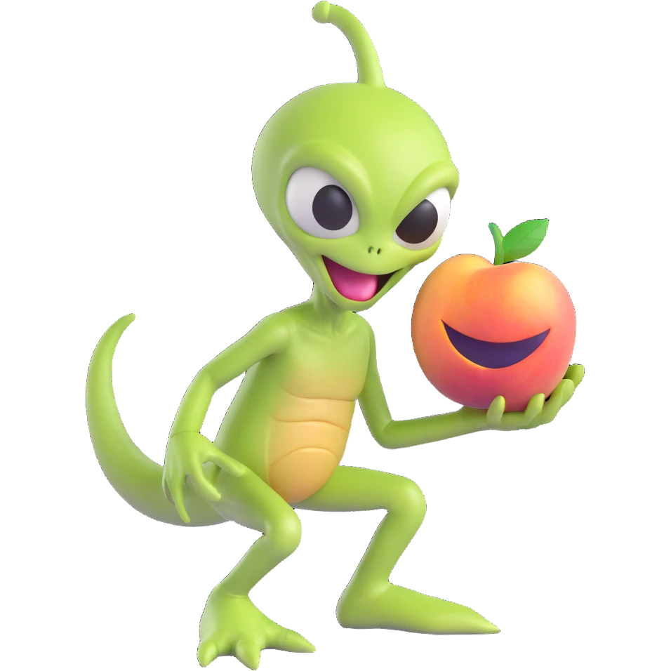 green alien smacking a peach, playful expression emoji