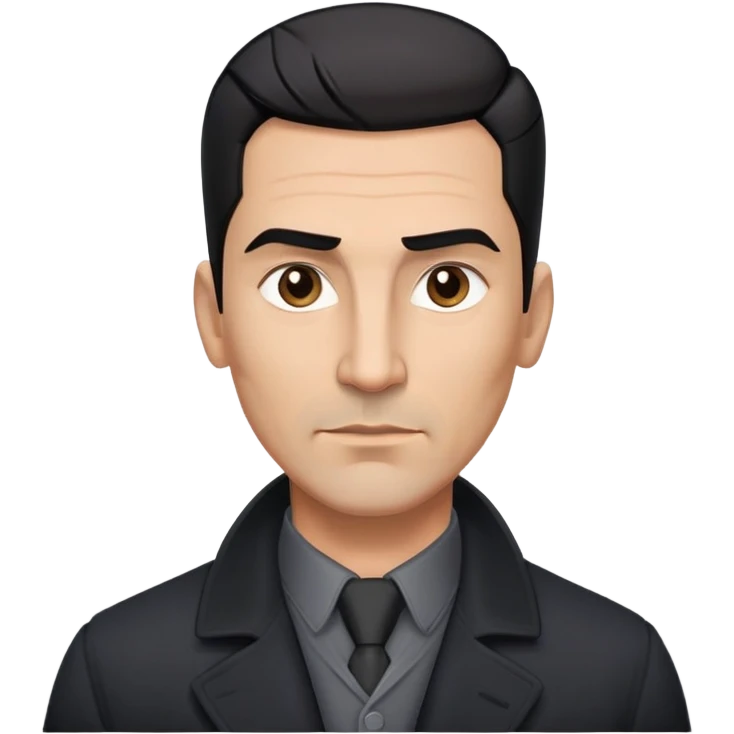 Athletic Hispanic man in his 40s-50s with light brown skin, short straight black hair slicked back with fade on sides, square face with strong jawline, thick eyebrows, wide nose, wearing black overcoat with gray buttoned shirt underneath emoji