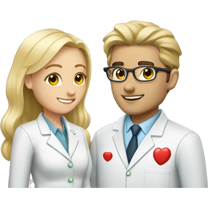 blonde female pharmacist and male chemist with dark hair in love emoji