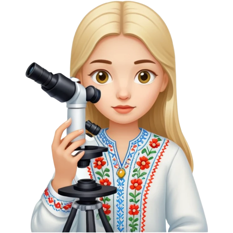 Ukrainian girl in traditional embroidered vyshyvanka shirt holding a microscope emoji