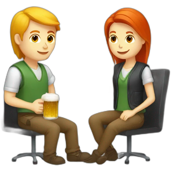 a blond and red head programmers, drinking beer and coding emoji