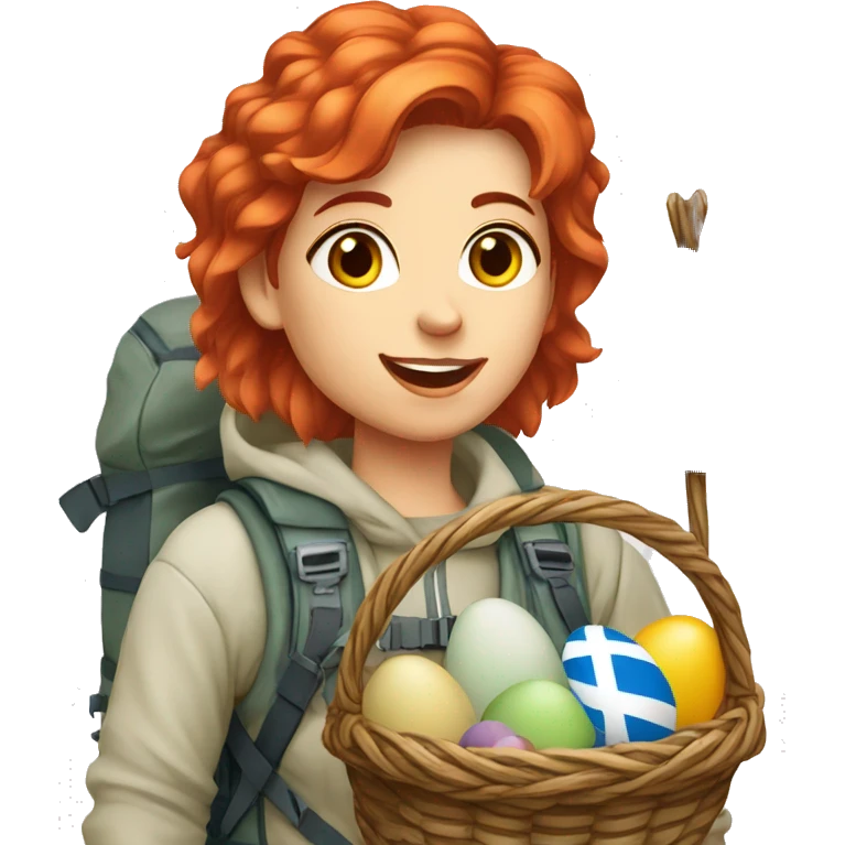 Female winter mountaineer red hair white skin climbing with Greek Flag and Easter eggs basket emoji
