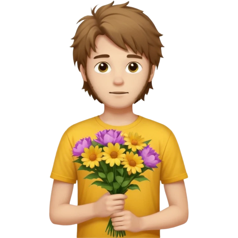 generate an ios genmoji of a 20 year old fair boy with brown long and messy hair with light beard on cheeks. carrying a flower bouquet, wearing a yellow tshirt, looking shy.  emoji