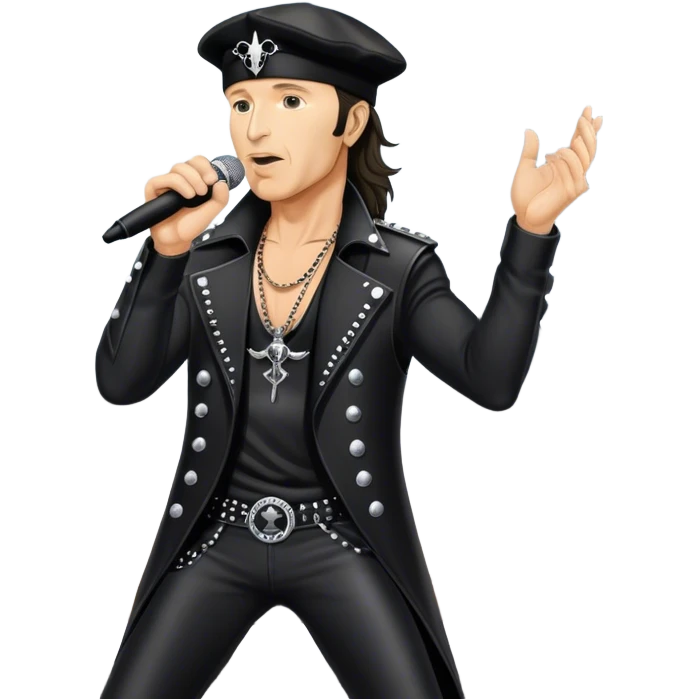 Icon for Rock Music: Klaus Meine with a microphone on the stand performing with Scorpions on stage, with powerful stage presence. The vibe should capture the energetic and iconic sound of Scorpions, with vibrant lighting and a stadium atmosphere. Transparent background. emoji