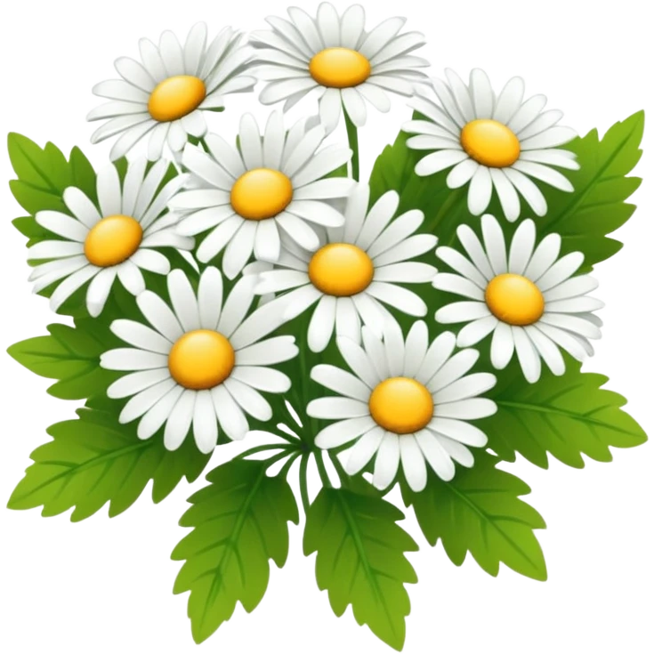 bouquet of daisies with white petals, yellow centers, and shiny green leaves, soft lighting, no background emoji