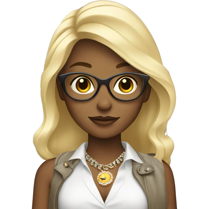 blonde girl with stylish accessories working in marketing emoji