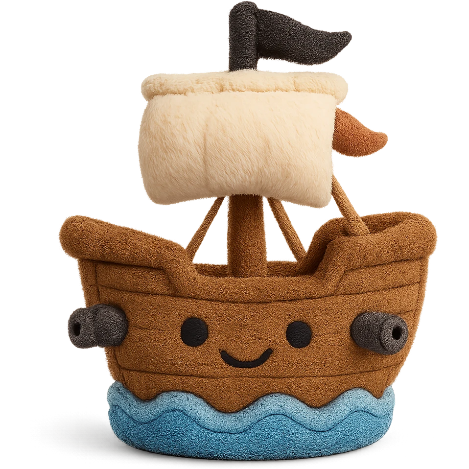 A cute stuffed pirate ship with fuzzy texture, embroidered waves at the base, tiny fabric cannons, and stitched rope details emoji