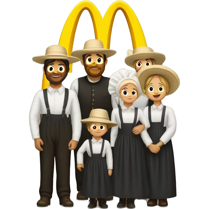 Amish family wearing bonnets under big McDonalds Golden Arches emoji