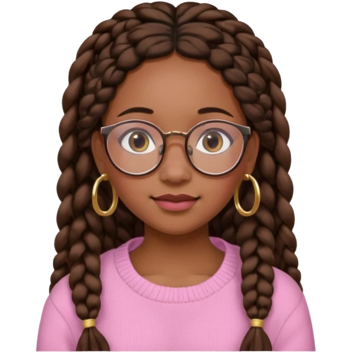 cute  black adult girl with glasses and braids that are long which are brown, and some blush on her cheeks , in a pink sweater and some gold hoop earings . emoji