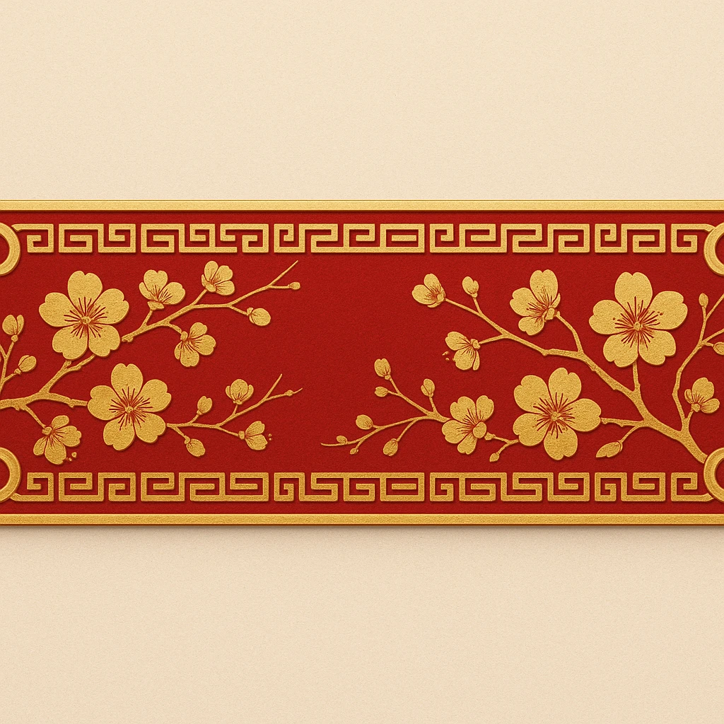 eastern style plaque for post signature, very wide and low long horizontal rectangle, only red and gold colors, decorated with peach blossoms, feng shui vibe, ornate border, no text, 900x180px emoji