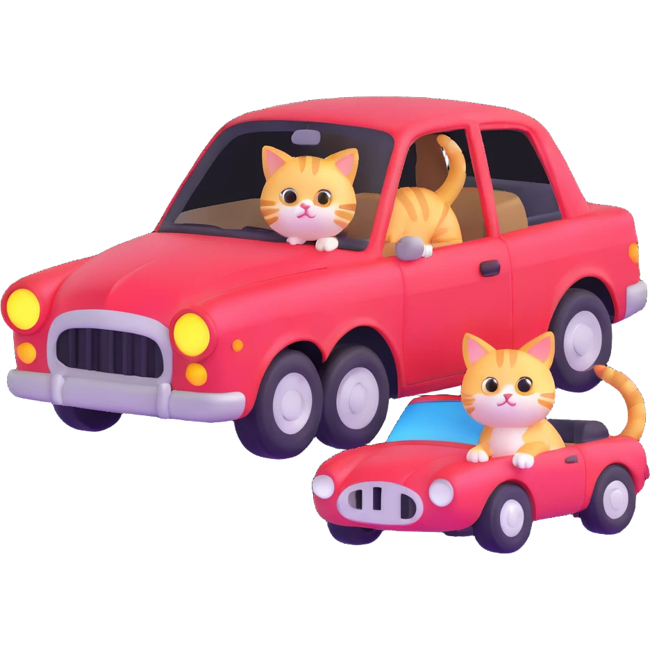 a cute cat with big eyes next to a broken-down car emoji