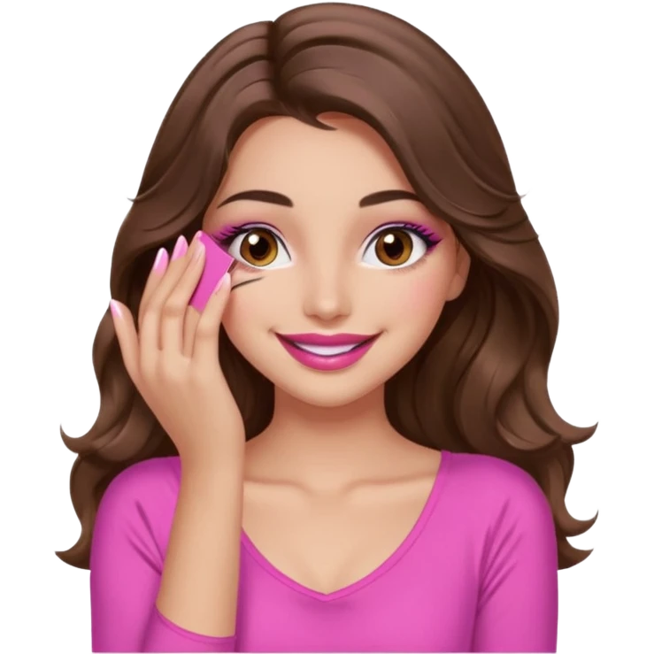 girl with long wavy brown hair, brown eyes, long lashes makeup, sexy pink lips, light to medium complexion, wearing a pink sexy top, smiling, hands covering over the eyes emoji