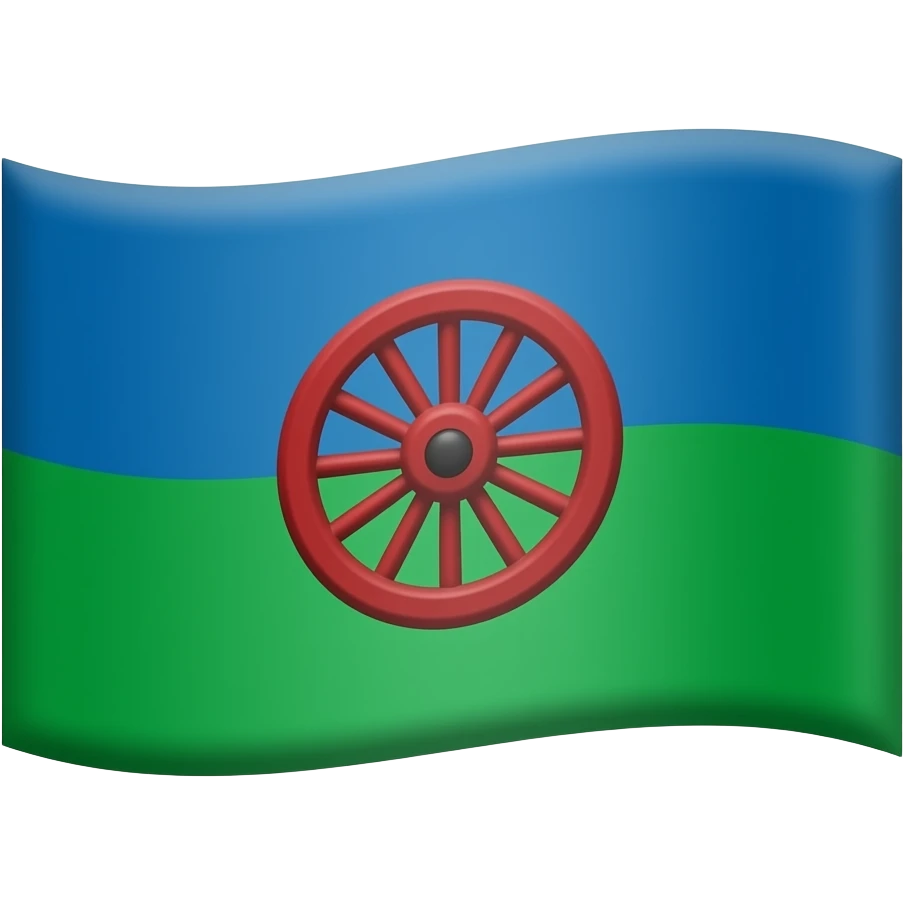 Un drapeau 2 couleur, Bleu en haut et vert en bas. Avec une roue de roulotte rouge vif au centre emoji